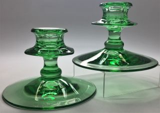 Antique 1927 - 1960 Fostoria Green Uranium Glass 2375 Fairfax Candle Holders