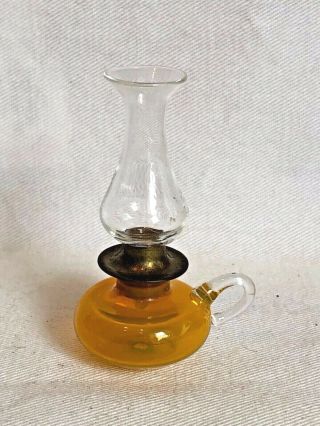 Antique Miniature German Dollhouse Blown Glass & Metal Oil Lamp 2 1/4 " H