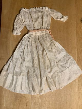 Old With Antique Style White Dress W/ Pink Ribbon Sash - Great For Antique Doll