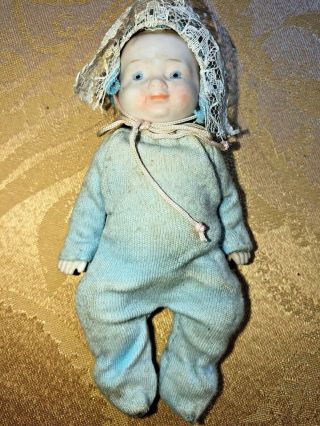 Vintage Porcelain Baby Boy Doll Antique Bisque Chubby Cheeks 5.  5 " Tall Vtg Old
