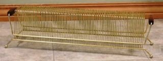 Vntg Mid Century Modern 75 Slot Brass Record Holder Rack Stand with Wood Handles 2