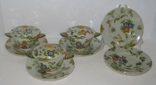 3 Vintage Hand Painted Cream Soup Bowls W/lids,  6 Plates From Italy Rooster Mark