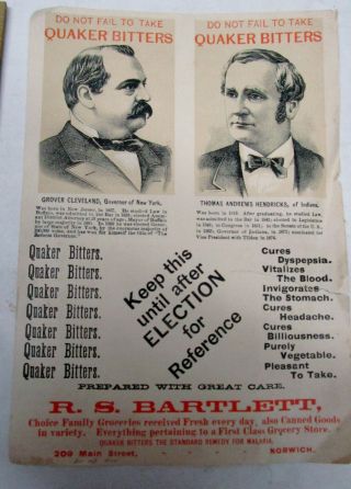 Vintage 1900 " Quaker Bitters " Ad With Presidential Candidates - Grover Cleveland -
