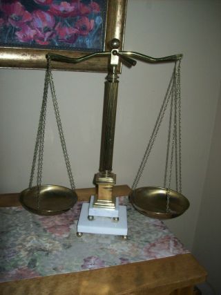 Vintage Brass And Marble Apothecary Scale Of Justice.  19 Inches Tall.