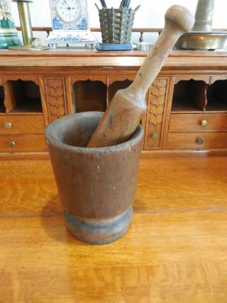 Large Antique Primitive Wood Mortar And Pestle Apothecary Grinder
