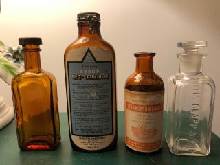 4 Antique Pharmacy Bottles Neo - Calglucon Syrup Stramonium Leaves Sandoz Piso’s