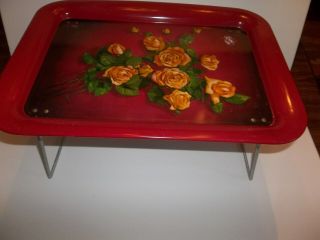 Antique Metal Lap/ Bed Tray Yellow Roses Metal Fold - Up Legs