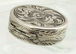 Vintage Sterling Silver Pill Box - Snuff,  Floral Engraved,  Gorgeous Details 5