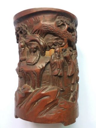 Old Chinese Carved Bamboo Brush Pot Pencil Vase Vintage With Signed H.  18 Cm.