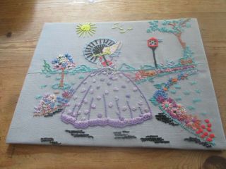 Vintage Embroidery Picture Crinoline Lady Garden Flowers