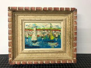 Vintage Oil Painting On Canvas Signed Ships Coast Mid Century Framed