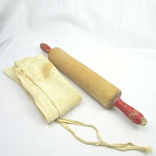 Antique Vintage Maple Wood Hand Dough Rolling Pin W/red Handles 17 "