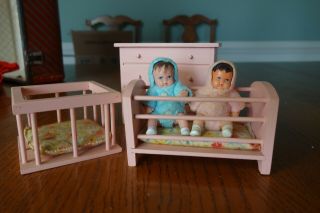 Vintage Doll House Furniture Halls Lifetime Toys German Rubber Doll Baby Crib