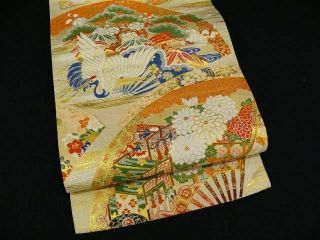 Antique Beige Silk Japanese Maru Obi W/cranes,  Sensu N536