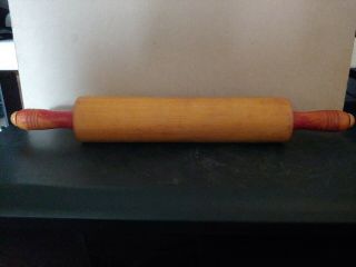 Antique Vintage Wooden Wood 17 " Rolling Pin With Red Paint Handles