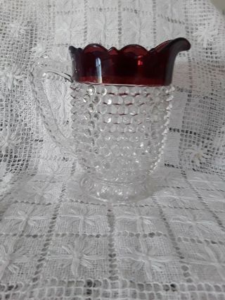 Antique Victorian Ruby Red Flash Stained Epag Hobnail Pitcher
