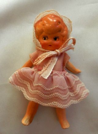 German Bisque 3 1/2 " Doll Movable Arms Legs Hand Painted Face Molded Hair Outfit