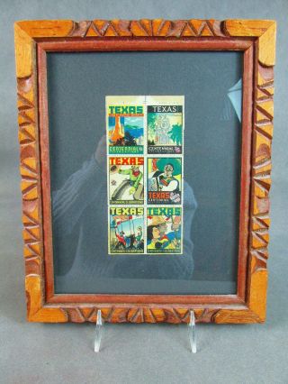 1936 Texas Centennial Expo 6 Commemorative Stamps In Mexican Wood Frame