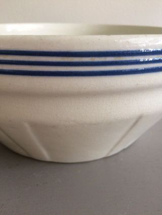 Antique Vintage Stoneware Pottery Mixing Bowl White / 3 Blue Stripes