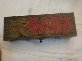 Vintage Antique Painted Wooden Christmas Box With Pionsettia