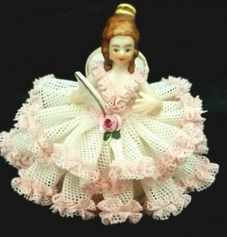 Dresden Porcelain Girl Figurine With Pink Lace Dress And Fan West Germany