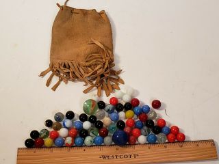 Vintage Antique Leather Marble Bag With Drawstrings & Marbles