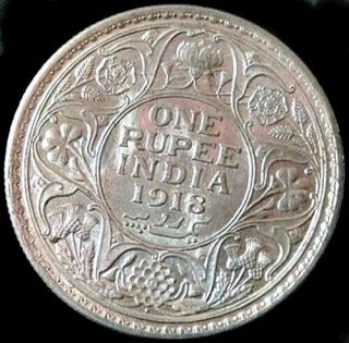 1918 INDIA UK King George V Silver Antique RUPEE Vintage Indian Coin 2