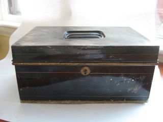 Antique Bank Enamel Metal Box Vtg Black Tin Cash Deed Strong Tole Old Lock - Key