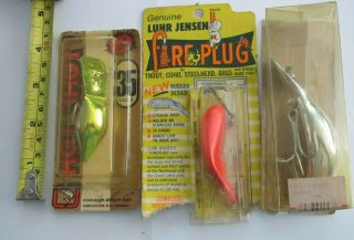 3 Vintage Fishing Lure 1 - Heddon Mag.  Tadpolly,  2 - L.  Jensen Fire Plug & Hot Shot 35