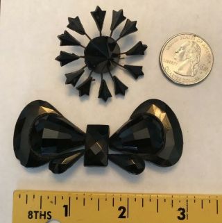 2 Gorgeous Unusual Antique Brooch - Like Buttons; Faceted Victorian Jet?