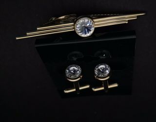 Vtg Art Deco Gold Tone Swarovski Crystal Rhinestone Cufflinks & Tie Clip