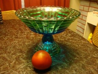 Antique Vintage Compote Bluerina Amberina Art Glass Bowl Blue Green