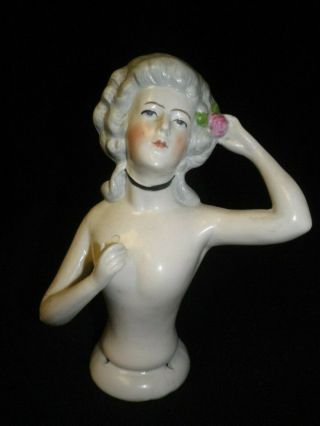 51/2 " Antique Porcelain Lady Half Doll With Up Sweep Hair