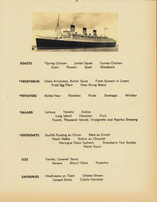 Rms Queen Mary Cunard Line Menu Reprint On Period 1930s Paper