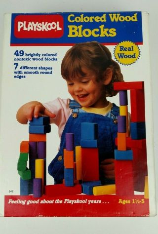 Vintage (1988) Playskool Colored Wood Wooden Building Blocks 49 Blocks 7 Shapes
