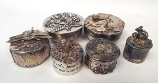 6 X Miniature Trinket Boxes Silver Plated With Decorative Nature Designs - S61