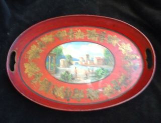 Vintage Metal Toleware Painted Red Scenic Picture Oval Tray 14 Inches X 9 1/2 In