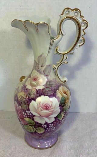 Large Antique Porcelain Ewer Pitcher - Hand Painted Purple Pink Roses - 14 " Tall