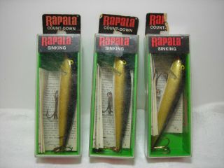Vintage Old Stock Three Rapala Count - Down Cd - 9 Gold Fishing Lures