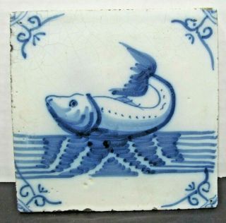 Antique Mid 17th Century Dutch Delft Blue Tile Fish Ceramic 1640s - 1650s