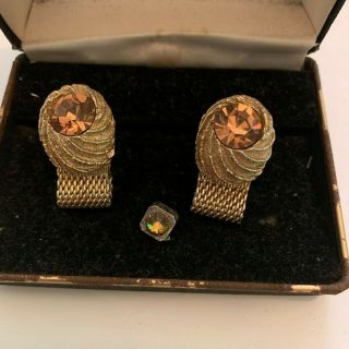 Vintage Swank Large Faceted Amber Glass Stone Wrap Cufflinks And Tie Tack