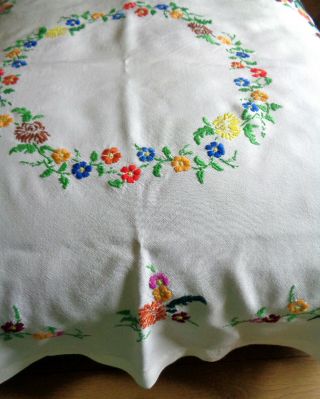 Lovely Vintage Table Cloth White Hand Embroidered Bright Flowers 45 " X 47 "