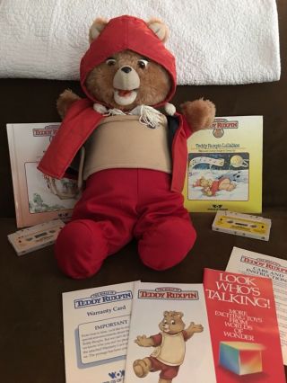 Vintage Teddy Ruxpin 1985 Toy Bear W/ Books & Tapes Wow Adventure Flying Outfit