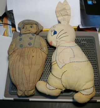 Antique (circa 1930) Handmade Stuffed Toys - - Rabbit & Dutch Boy