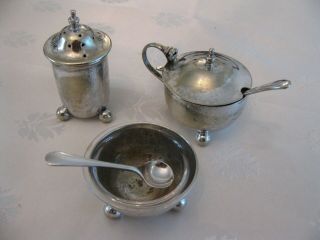 Vintage Epns Silver Plate Cruet Set Salt Shaker Sugar Bowl Mustard Pot & Spoons