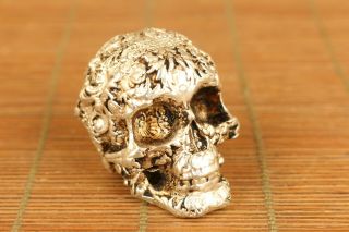 Chinese Old Copper Hand Carving Skull Statue Figure Hand Piece Table Decoration