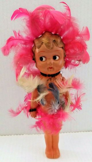 Vintage Celluloid Kewpie Doll Wearing Feathers & Mercury Glass Jewelry,  Japan