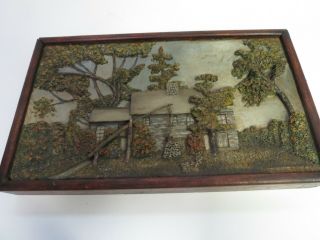 Antique Vintage Hand Carved Wood 3d Wall Art House Trees 10 " X 5.  5 "