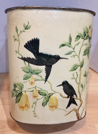 Vintage Weibro Hummingbird Embossed Trash Can Wastebasket Floral & Birds Design