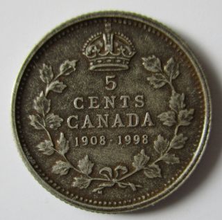 1998 Canada 1908 - 1998 Antique Finish Sterling Silver 5 Cents Proof Nickel Coin